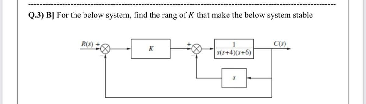 Q.3) B] For the below system, find the rang of K that make the below system stable
R(8) +
1
C(s)
K
S(s+4)(s+6)
