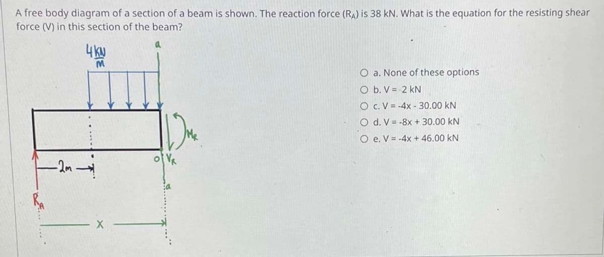 A free body diagram of a section of a beam is shown. The reaction force (RA) is 38 kN. What is the equation for the resisting shear
force (V) in this section of the beam?
4 KN
O a. None of these options
O b. V= 2 kN
OC. V=-4x - 30.00 kN
O d. V = -8x + 30.00 KN
Du
O e. V=-4x + 46.00 KN
ZIE
-2m →!
X
of VR