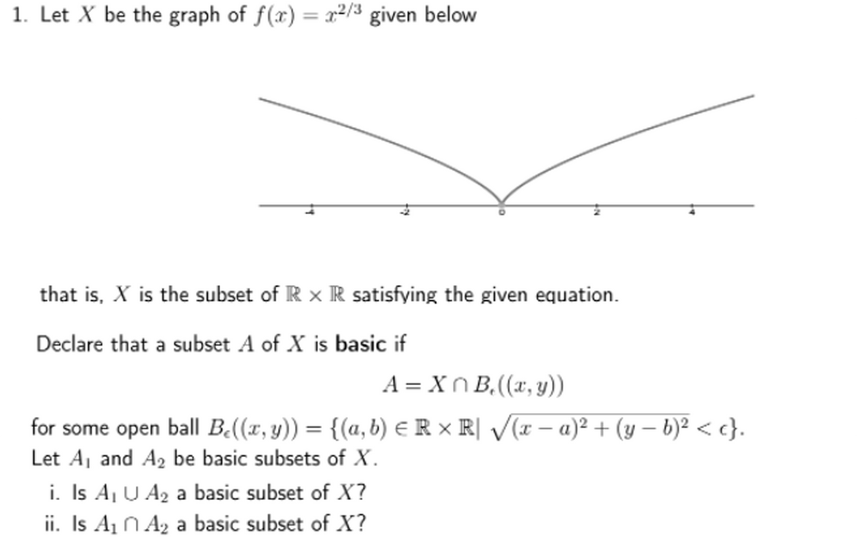 1. Let X be the graph of f(x) = x2/3 given below
%3D
that is, X is the subset of R x R satisfying the given equation.
Declare that a subset A of X is basic if
A = XN B,((x, y))
for some open ball B((x, y)) = {(a, b) e R × R| V(r – a)² + (y – b)² < c}.
Let Aj and A, be basic subsets of X.
%3D
i. Is A, U A2 a basic subset of X?
ii. Is A N A2 a basic subset of X?
