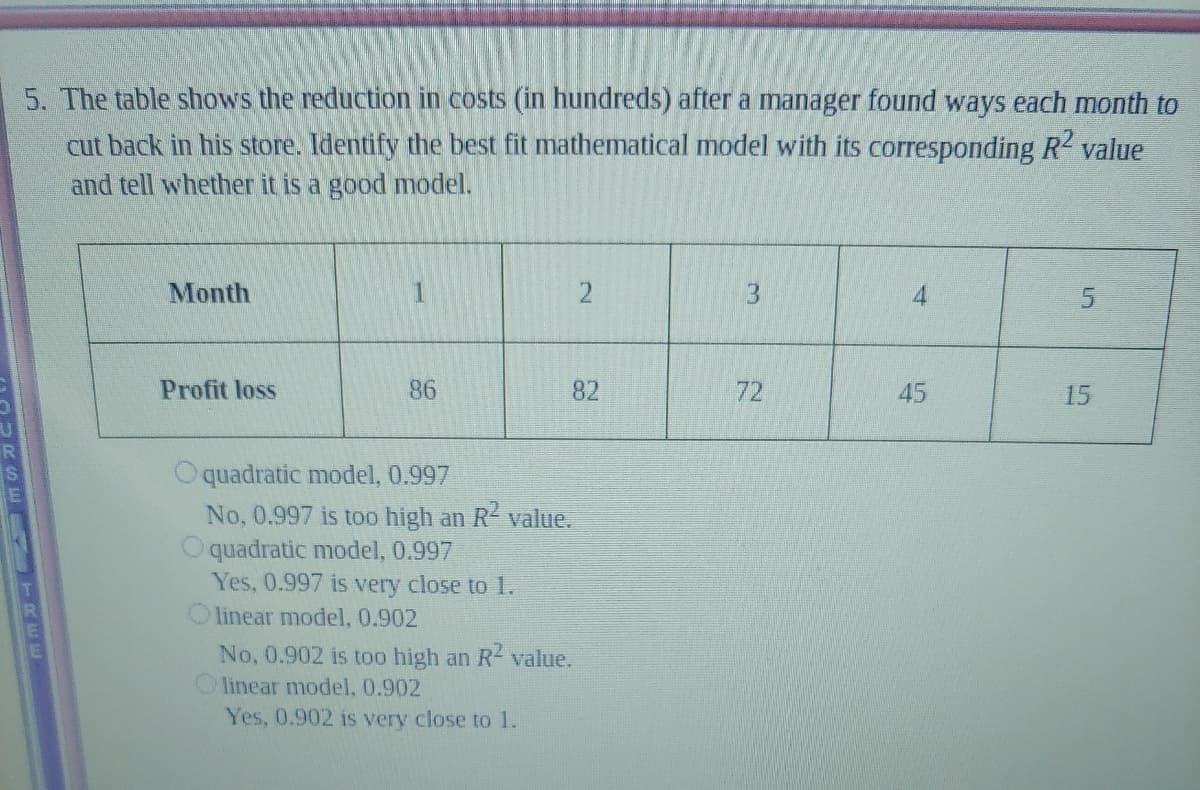 5. The table shows the reduction in costs (in hundreds) after a manager found ways each month to
cut back in his store. Identify the best fit mathematical model with its corresponding R2 value
and tell whether it is a good model.
Month
3.
4
Profit loss
86
82
72
45
15
O quadratic model, 0.997
No, 0.997 is too high an R value.
quadratic model, 0.997
Yes, 0.997 is very close to I.
linear model,0.902
No, 0.902 is too high an R- value.
linear model, 0.902
Yes, 0.902 is very close to 1.
