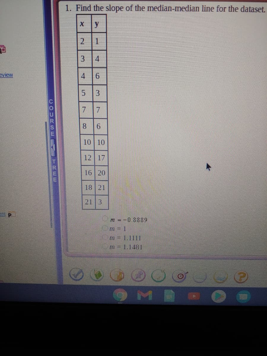 1. Find the slope of the median-median line for the dataset.
1.
3.
4.
eview
3
7.
10 10
12 17
16 20
18 21
21 3
m=-0.8889
m=1.1111
m=D1.1481
OMA
6.
2.
4,
COURSE YU
