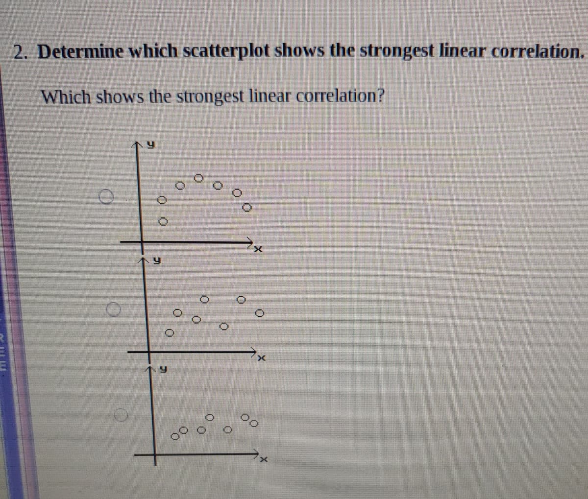 2. Determine which scatterplot shows the strongest linear correlation.
Which shows the strongest linear correlation?
