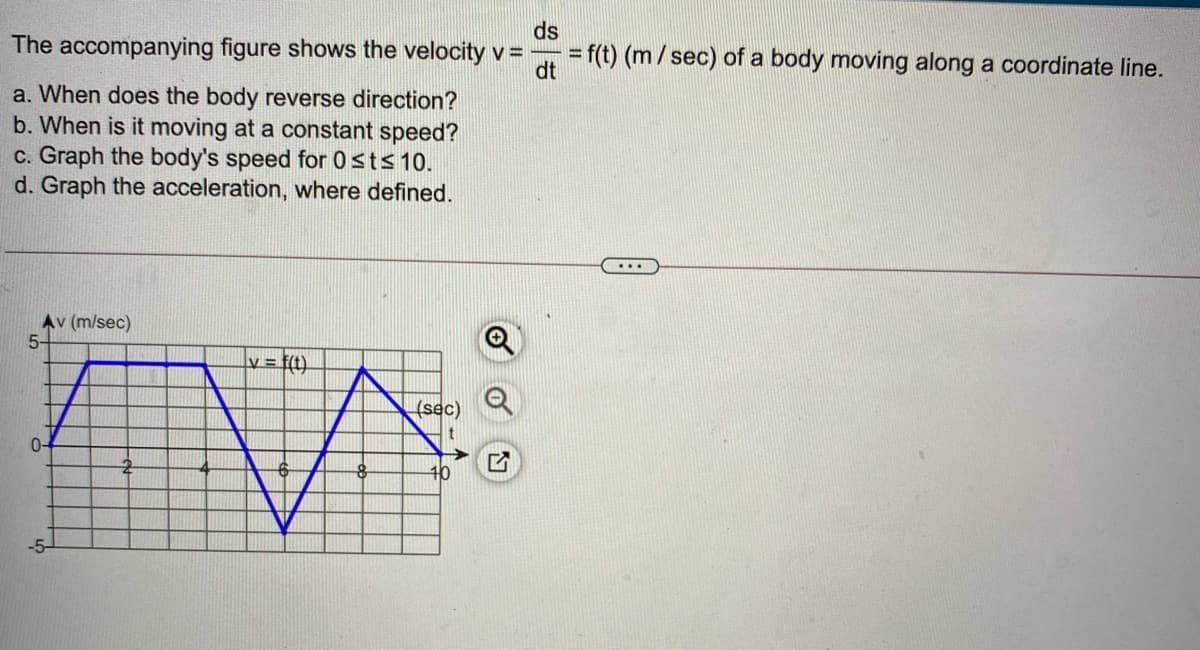 ds
= f(t) (m/sec) of a body moving along a coordinate line.
The accompanying figure shows the velocity v =
dt
a. When does the body reverse direction?
b. When is it moving at a constant speed?
c. Graph the body's speed for 0sts 10.
d. Graph the acceleration, where defined.
Av (m/sec)
5-
v = f(t)
(sec)
0-
40
-5
