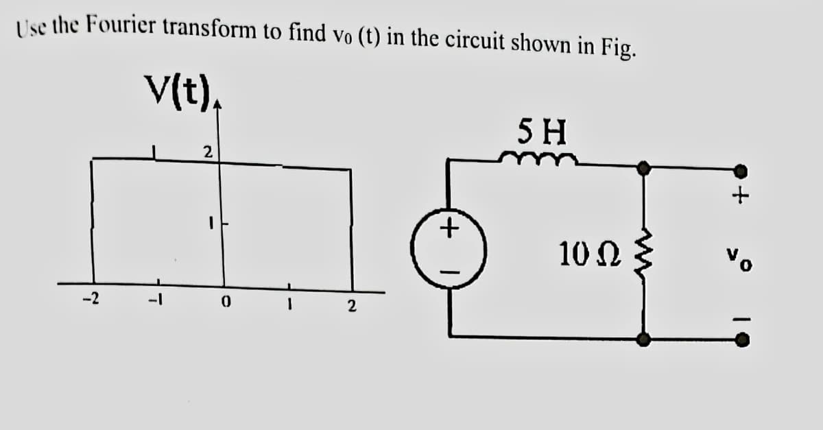 Use the Fourier transform to find vo (t) in the circuit shown in Fig.
V(t).
-2
-1
2
0
'
2
+
5 H
10 0
+
