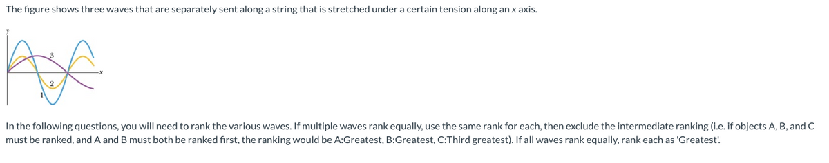 The figure shows three waves that are separately sent along a string that is stretched under a certain tension along an x axis.
AX
In the following questions, you will need to rank the various waves. If multiple waves rank equally, use the same rank for each, then exclude the intermediate ranking (i.e. if objects A, B, and C
must be ranked, and A and B must both be ranked first, the ranking would be A:Greatest, B:Greatest, C:Third greatest). If all waves rank equally, rank each as 'Greatest!