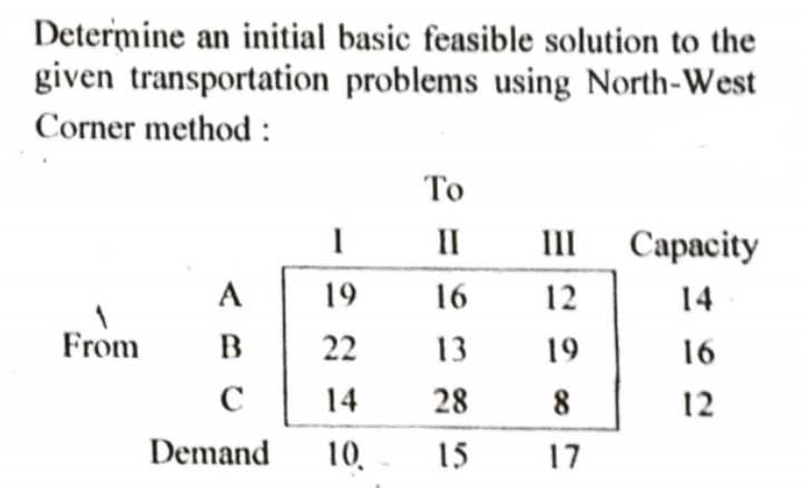 Determine an initial basic feasible solution to the
given transportation problems using North-West
Corner method :
То
II
III
Сараcity
12
A
19
16
14
From
B
22
13
19
16
C
14
28
8.
12
Demand
10.
15
17
