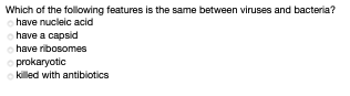 Which of the following features is the same between viruses and bacteria?
have nucleic acid
have a capsid
have ribosomes
prokaryotic
o killed with antibiotics
