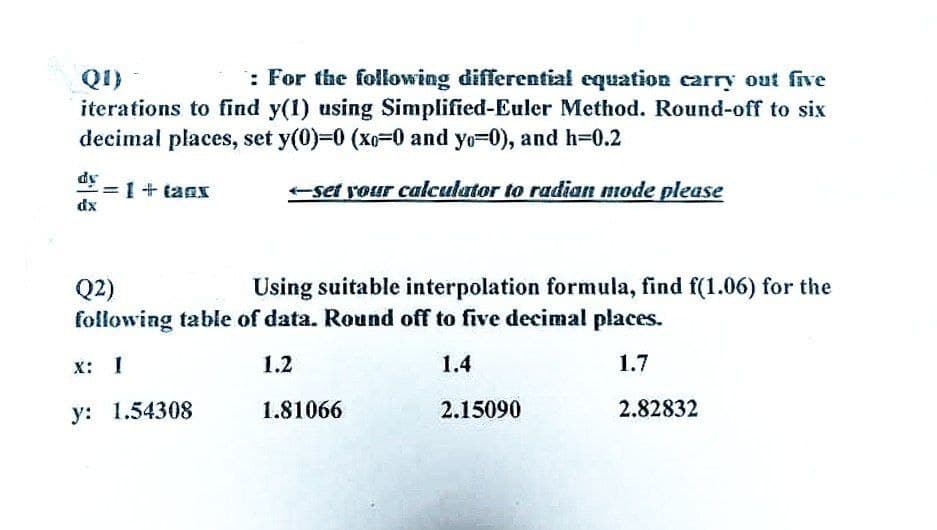QD) -
: For the following differential equation carry out five
iterations to find y(1) using Simplified-Euler Method. Round-off to six
decimal places, set y(0)=0 (xo-0 and yo-0), and h=0.2
<-set your calculator to radian mode please
dy
dx
1+(2Ex
Q2)
Using suitable interpolation formula, find f(1.06) for the
following table of data. Round off to five decimal places.
X: I
1.2
1.4
1.7
y: 1.54308
1.81066
2.15090
2.82832