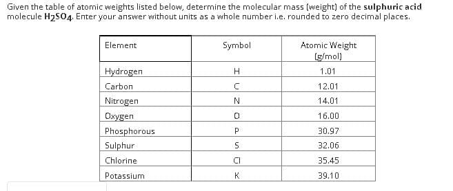 Given the table of atomic weights listed below, determine the molecular mass (weight) of the sulphuric acid
molecule H2S04. Enter your answer without units as a whole number i.e. rounded to zero decimal places.
Atomic Weight
(g/mol)
Element
Symbol
Hydrogen
1.01
Carbon
12.01
Nitrogen
14.01
Охудеп
16.00
Phosphorous
P
30.97
Sulphur
32.06
Chlorine
CI
35.45
Potassium
K
39.10
