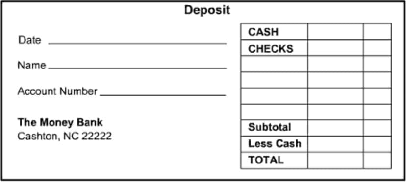 Deposit
CASH
Date
CHЕCKS
Name
Account Number.
The Money Bank
Cashton, NC 22222
Subtotal
Less Cash
ТОTAL
