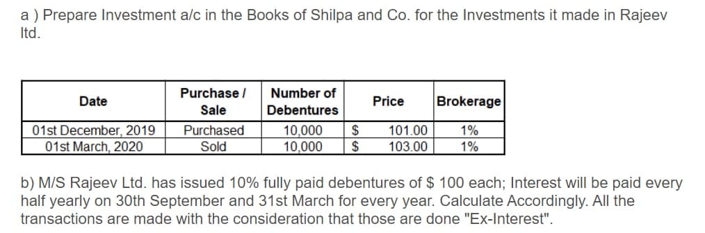 a ) Prepare Investment a/c in the Books of Shilpa and Co. for the Investments it made in Rajeev
Itd.
Purchase /
Number of
Date
Price
Brokerage
Sale
Debentures
01st December, 2019
01st March, 2020
101.00
103.00
Purchased
10,000
$
$
1%
Sold
10,000
1%
b) M/S Rajeev Ltd. has issued 10% fully paid debentures of $ 100 each; Interest will be paid every
half yearly on 30th September and 31st March for every year. Calculate Accordingly. All the
transactions are made with the consideration that those are done "Ex-Interest".
