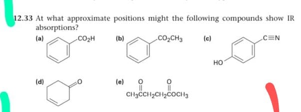 12.33 At what approximate positions might the following compounds show IR
absorptions?
(a)
CO2H
(b)
CO2CH3
(c)
c=N
но
(e) 9
(d)
CH3CCH2CH2COCH3
