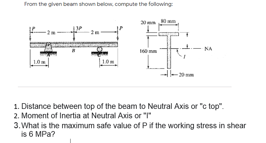 From the given beam shown below, compute the following:
20 mm 80 mm
| 3P
2 m
2 m
NA
B
160 mm
I
1.0 m
1.0 m
H 20 mm
1. Distance between top of the beam to Neutral Axis or "c top".
2. Moment of Inertia at Neutral Axis or "I"
3. What is the maximum safe value of P if the working stress in shear
is 6 MPa?
