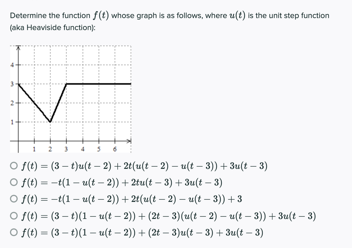Determine the function f (t) whose graph is as follows, where u(t) is the unit step function
(aka Heaviside function):
4
3
2
1
1
3
4
5
o ft) — (3 — t)u(t — 2) + 2t(u(t — 2) — и(t — 3)) + Зи(t — 3)
-
oft) — —t(1 — и(t — 2)) + 2tu(t - 3) + Зи(t - 3)
o ft) — —t(1 — и(t — 2)) + 2t(u(t — 2) — и(t — 3)) + 3
o f) — (3 — t)(1 — u(t — 2)) + (2t — 3)(u(t — 2) — и(t - 3)) + Зи(t — 3)
o ft) — (3 — t)(1 — и(t — 2)) + (2t — 3)u(t — 3) + Зи(t — 3)
-
-
