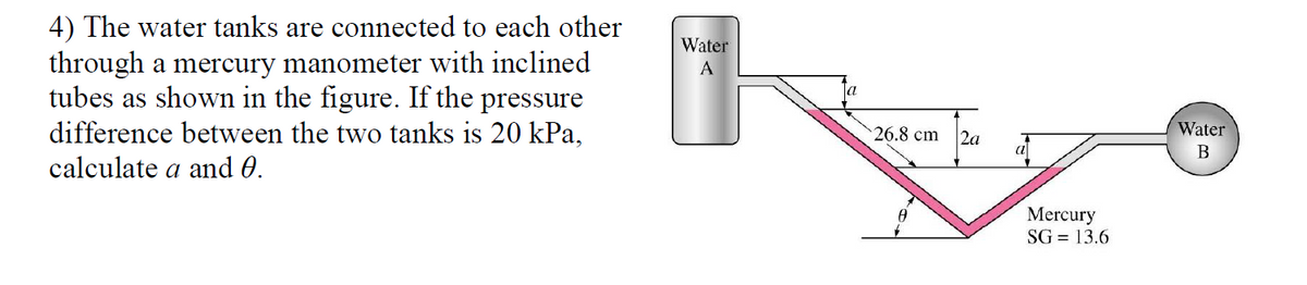 4) The water tanks are connected to each other
through a mercury manometer with inclined
tubes as shown in the figure. If the pressure
difference between the two tanks is 20 kPa,
calculate a and 0.
Water
A
la
26.8 cm
2a
Water
a
В
Mercury
SG = 13.6
