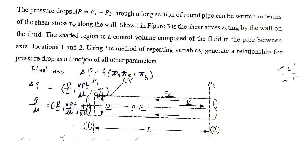 The
pressure drops 4P = P₁ P2 through a long section of round pipe can be written in terms
of the shear stress Tw along the wall. Shown in Figure 3 is the shear stress acting by the wall on
the fluid. The shaded region is a control volume composed of the fluid in the pipe between
axial locations 1 and 2. Using the method of repeating variables, generate a relationship for
pressure drop as a function of all other parameters
Final ans
AP =
P
μ
(₁
AP= {(₂17₂)
P₁
CV
UPL
м
= (²1 ²² an!
VPL
O
P.H.
L
V
