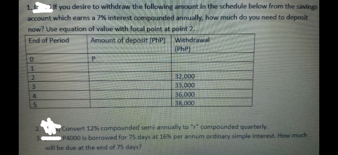 1. If you desire to withdraw the following amount in the sechedule below from the savings
account which earns a 7% interest compounded annually, how much do you need to deposit
now? Use equation of value with focal point at point 2.
Withdrawal
(PhP)
End of Period
Amount of deposit (PhP)
P.
1
32,000
33,000
36,000
38,000
4
Convert 12% compounded semi-annually to "T compounded quarterly.
P4000 is borrowed for 75 days at 16% per annum ordinary simple interest. How much
will be due at the end of 75 days?
