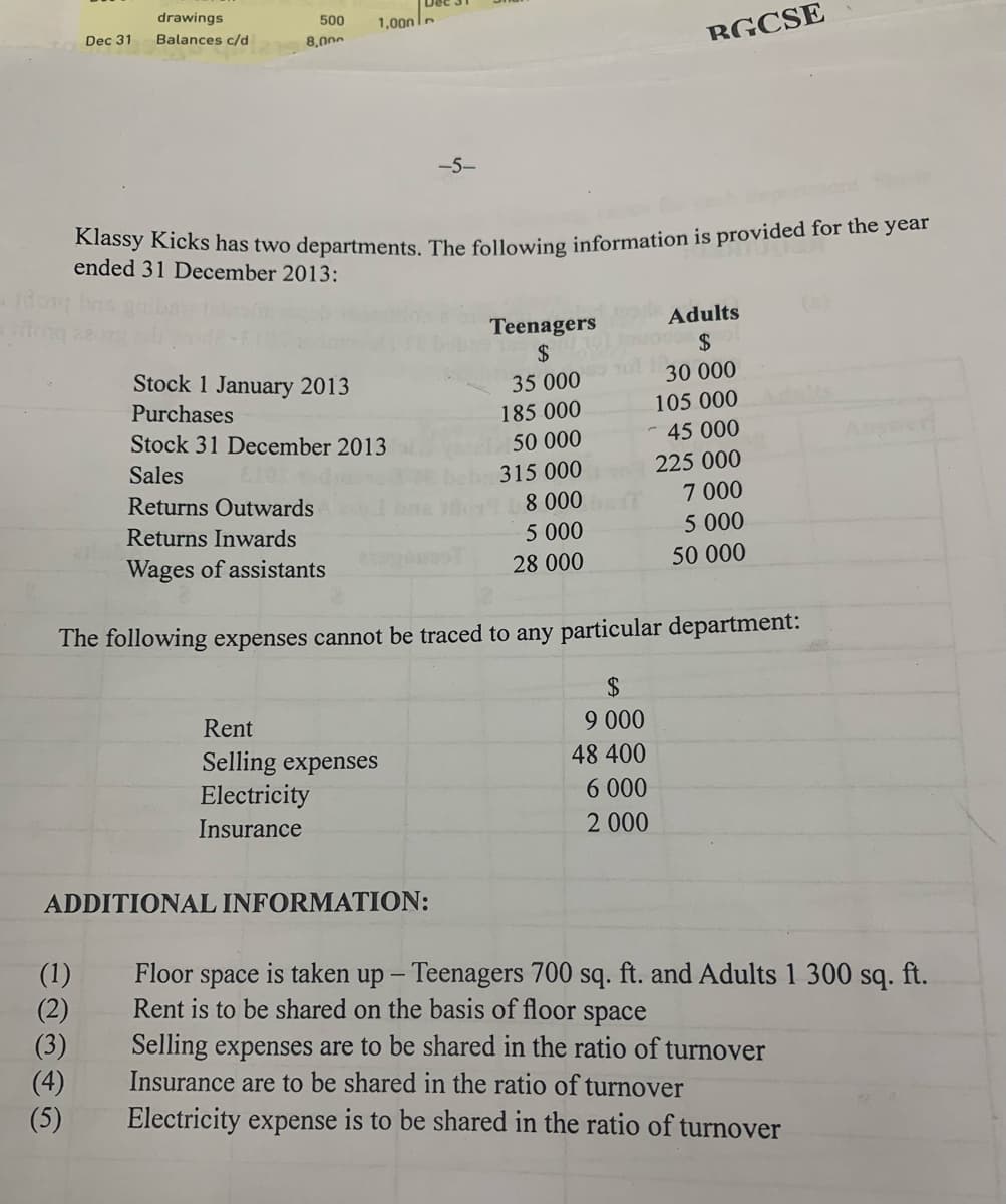 drawings
500
1,00n.
Dec 31
Balances c/d
8,000
BGCSE
--5-
Kiassy Kicks has two departments. The following information is provided for the year
ended 31 December 2013:
()
Adults
Teenagers
24
2$
Stock 1 January 2013
35 000
30 000
Purchases
185 000
105 000
werd
Stock 31 December 2013
Sales
50 000
45 000
315 000
225 000
7 000
5 000
Returns Outwards
8 000
Returns Inwards
5 000
Wages of assistants
28 000
50 000
The following expenses cannot be traced to any particular department:
24
Rent
9 000
Selling expenses
Electricity
48 400
6 000
Insurance
2 000
ADDITIONAL INFORMATION:
(1)
(2)
(3)
(4)
(5)
Floor
is taken up – Teenagers 700 sq. ft. and Adults 1 300 sq. ft.
space
Rent is to be shared on the basis of floor
space
Selling expenses are to be shared in the ratio of turnover
Insurance are to be shared in the ratio of turnover
Electricity expense is to be shared in the ratio of turnover
