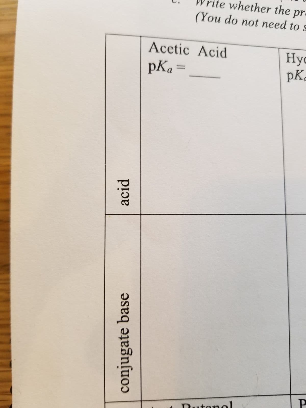 acid
conjugate base
j
Acetic
pKa
||
rite whether the pr
(You do not need to s
Acid
Hy
pK