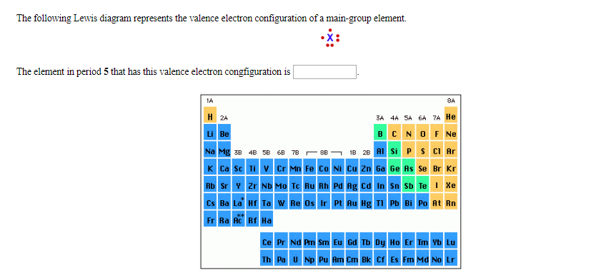 The following Lewis diagram represents the valence electron configuration of a main-group element
The element in period 5 that has this valence electron congfiguration is
1A
8A
H 2A
3A 4A 5A 6A 7A He
BC N O F Ne
Li Be
18 2B AI Si PS CI Ar
Na Mg 3B 4B 5B
6B 7B
вв -
K Ca Sc TiV Cr Mn Fe Co Ni Cu Zn Ga Ge As Se Br Kr
Rb Sr Zr Nb Mo Tc Ru Rh Pd Ag cd In Sn Sb Te Xe
Cs Ba La Hf Ta w Re Os Ir Pt Au Hg TI Pb Bi Po At Rn
Fr Ra Ac Rf Ha
Ce Pr Nd Pm Sm Eu Gd Tb Dy Ho Er Im Yb Lu
Th Pa U Np Pu Am Cm Bk Cf Es Fm Md No Lr
