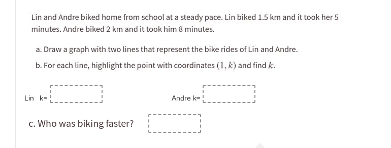 Lin and Andre biked home from school at a steady pace. Lin biked 1.5 km and it took her 5
minutes. Andre biked 2 km and it took him 8 minutes.
a. Draw a graph with two lines that represent the bike rides of Lin and Andre.
b. For each line, highlight the point with coordinates (1, k) and find k.
Lin k=!
Andre k=!
c. Who was biking faster?
