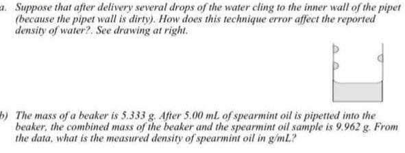 a. Suppose that after delivery several drops of the water cling to the inner wall of the pipet
(because the pipet wall is dirty). How does this technique error affect the reported
density of water?. See drawing at right.
b) The mass of a beaker is 5.333 g. After 5.00 mL of spearmint oil is pipetted into the
beaker, the combined mass of the beaker and the spearmint oil sample is 9.962 g. From
the data, what is the measured density of spearmint oil in g/mL?

