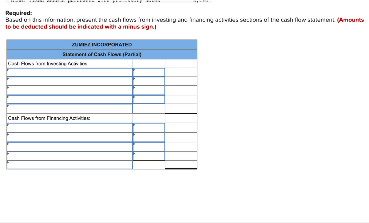 Uller ILATU asselD риспареи WICH MISSLY HOLES
Required:
Based on this information, present the cash flows from investing and financing activities sections of the cash flow statement. (Amounts
to be deducted should be indicated with a minus sign.)
ZUMIEZ INCORPORATED
Statement of Cash Flows (Partial)
Cash Flows from Investing Activities:
3,430
Cash Flows from Financing Activities: