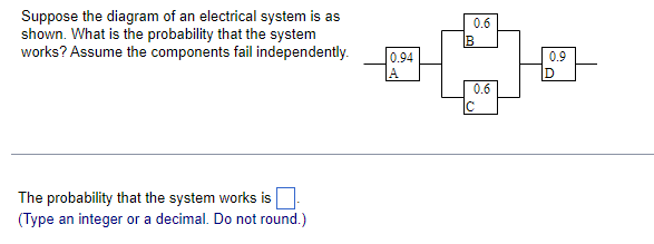 Suppose the diagram of an electrical system is as
shown. What is the probability that the system
works? Assume the components fail independently.
The probability that the system works is
(Type an integer or a decimal. Do not round.)
0.94
A
0.6
B
0.6
0.9
D