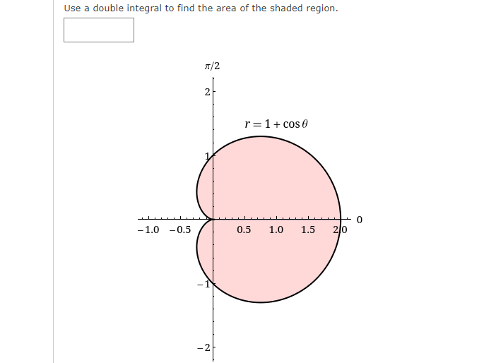 Use a double integral to find the area of the shaded region.
-1.0 -0.5
π/2
2
-2
r = 1 + cos 0
0.5 1.0 1.5
2/0
0
