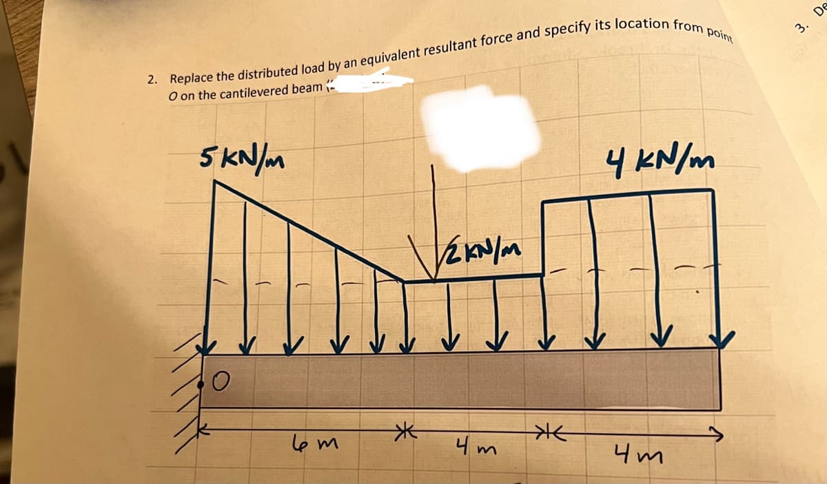 2. Replace the distributed load by an equivalent resultant force and specify its location from point
O on the cantilevered beam
5KN/M
O
lem
VEKNIM
*
4m
*
4 kN/m
4m
3. De