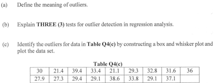(а)
Define the meaning of outliers.
(b)
Explain THREE (3) tests for outlier detection in regression analysis.
(c)
Identify the outliers for data in Table Q4(c) by constructing a box and whisker plot and
plot the data set.
Table Q4(c)
30
21.4
39.4
33.4
21.1
29.3
32.8
31.6
36
27.9
27.3
29.4
29.1
38.6
33.8
29.1
37.1
