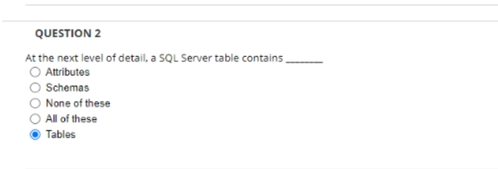 QUESTION 2
At the next level of detail, a SQL Server table contains
Attributes
Schemas
None of these
All of these
Tables
