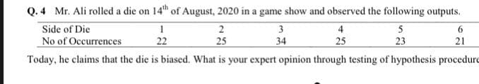 Q. 4 Mr. Ali rolled a die on 14th of August, 2020 in a game show and observed the following outputs.
Side of Die
No of Occurrences
2
3
4
5
6.
22
25
34
25
23
21
Today, he claims that the die is biased. What is your expert opinion through testing of hypothesis procedurd

