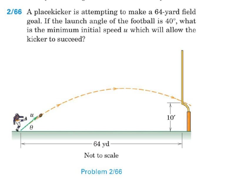 2/66 A placekicker is attempting to make a 64-yard field
goal. If the launch angle of the football is 40°, what
is the minimum initial speed u which will allow the
kicker to succeed?
10
64 yd-
Not to scale
Problem 2/66

