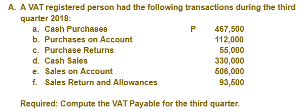 A. A VAT registered person had the following transactions during the third
quarter 2018:
467,500
112,000
55,000
330,000
506,000
93,500
a. Cash Purchases
b. Purchases on Account
c. Purchase Returns
d. Cash Sales
e. Sales on Account
f. Sales Return and Allowances
Required: Compute the VAT Payable for the third quarter.
