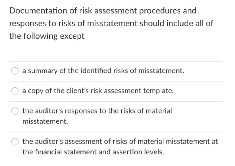 Documentation of risk assessment procedures and
responses to risks of misstatement should include all of
the following except
a summary of the identified risks of misstatement.
a copy of the client's risk assessment template.
the auditor's responses to the risks of material
misstatement.
the auditor's assessment of risks of material misstatement at
the financial statement and assertion levels.
