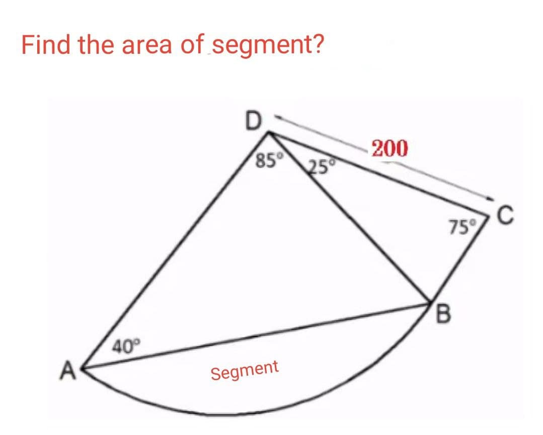 Find the area of segment?
200
85
25
75°
B
40
A
Segment
