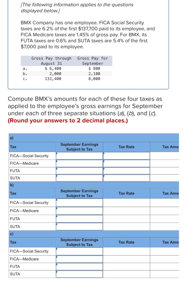 [The following information applies to the questions
displayed below.]
BMX Company has one employee. FICA Social Security
taxes are 6.2% of the first $137,700 paid to its employee, and
FICA Medicare taxes are 1.45% of gross pay. For BMX, its
FUTA taxes are 0.6% and SUTA taxes are 5.4% of the first
$7,000 paid to its employee.
Gross Pay through
August 31
$ 6,400
2,000
131,400
Gross Pay for
September
$ 800
2,100
8,000
a.
b.
с.
Compute BMX's amounts for each of these four taxes as
applied to the employee's gross earnings for September
under each of three separate situations (a), (b), and (c).
(Round your answers to 2 decimal places.)
a)
September Earnings
Subject to Tax
Таx
Tax Rate
Tax Amo
FICA-Social Security
FICA-Medicare
FUTA
SUTA
b)
September Earnings
Subject to Tax
Tax
Tax Rate
Tax Amo
FICA-Social Security
FICA-Medicare
FUTA
SUTA
c)
September Earnings
Subject to Tax
Тax
Tax Rate
Tax Amo
FICA-Social Security
FICA-Medicare
FUTA
SUTA
