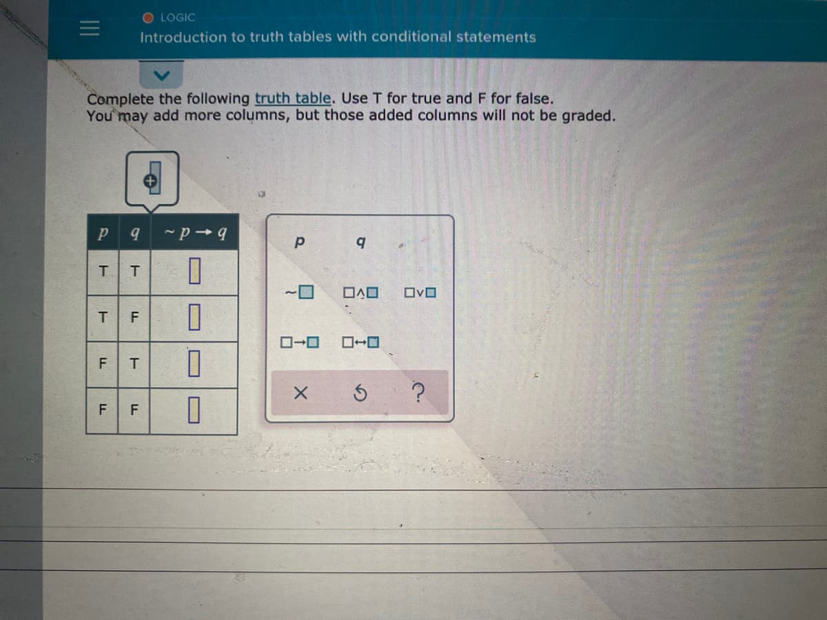 O LOGIC
Introduction to truth tables with conditional statements
Complete the following truth table. Use T for true and F for false.
You may add more columns, but those added columns will not be graded.
TT
ロヘロ
ロvロ
ローロ
F T
II
