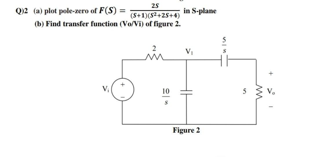Q)2 (a) plot pole-zero of F(S) =
in S-plane
(S+1)(S2+2S+4)
(b) Find transfer function (Vo/Vi) of figure 2.
in
VI
10
S
Figure 2
