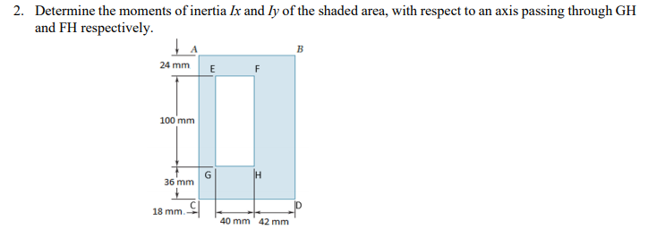 2. Determine the moments of inertia Ix and ly of the shaded area, with respect to an axis passing through GH
and FH respectively.
в
24 mm
E
F
100 mm
G
36 mm
H
18 mm.
40 mm 42 mm
