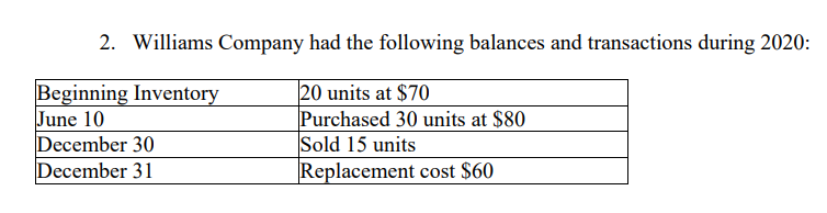 2. Williams Company had the following balances and transactions during 2020:
Beginning Inventory
June 10
December 30
December 31
20 units at $70
Purchased 30 units at $80
Sold 15 units
Replacement cost $60
