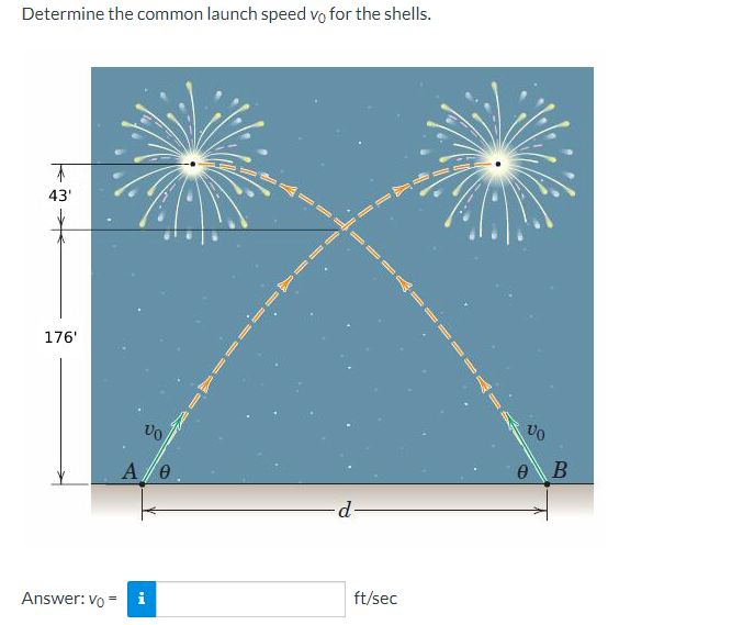 Determine the common launch speed vo for the shells.
↑
43'
176'
Answer: Vo =
VO
A/0
Mi
1
A
I
-d
C
ft/sec
I
A
VO
0 B
