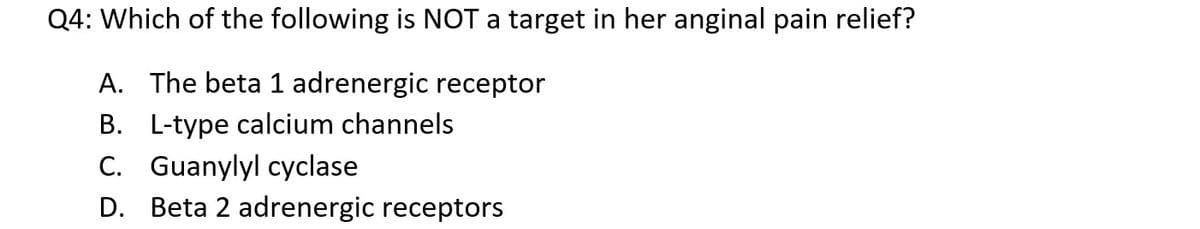 Q4: Which of the following is NOT a target in her anginal pain relief?
A. The beta 1 adrenergic receptor
B. L-type calcium channels
C. Guanylyl cyclase
D. Beta 2 adrenergic receptors