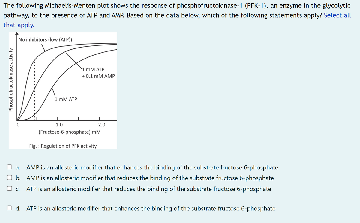 The following Michaelis-Menten plot shows the response of phosphofructokinase-1 (PFK-1), an enzyme in the glycolytic
pathway, to the presence of ATP and AMP. Based on the data below, which of the following statements apply? Select all
that apply.
No inhibitors (low (ATP))
1 mM ATP
+ 0.1 mM AMP
1 mM ATP
1.0
2.0
(Fructose-6-phosphate) mM
Fig. : Regulation of PFK activity
AMP is an allosteric modifier that enhances the binding of the substrate fructose 6-phosphate
а.
O b. AMP is an allosteric modifier that reduces the binding of the substrate fructose 6-phosphate
ATP is an allosteric modifier that reduces the binding of the substrate fructose 6-phosphate
O c.
O d. ATP is an allosteric modifier that enhances the binding of the substrate fructose 6-phosphate
Phosphofructokinase activity
