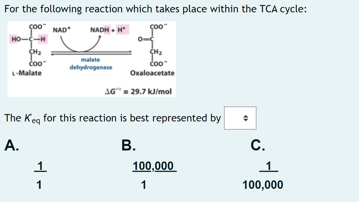For the following reaction which takes place within the TCA cycle:
NAD*
NADH + H*
HO-C-H
CH2
CH2
čoo-
malate
čoo-
dehydrogenase
Oxaloacetate
L-Malate
AG'° = 29.7 kJ/mol
The K'eg for this reaction is best represented by
A.
B.
C.
1
100,000
1
1
100,000
1
