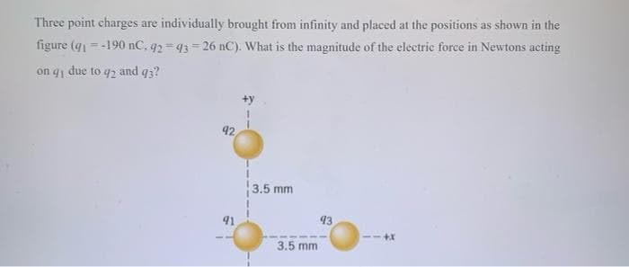 Three point charges are individually brought from infinity and placed at the positions as shown in the
figure (q1 = -190 nC, q2 =43=26 nC). What is the magnitude of the electric force in Newtons acting
%3D
on
due to q2 and q3?
92
3.5 mm
91
93
--
3.5 mm
