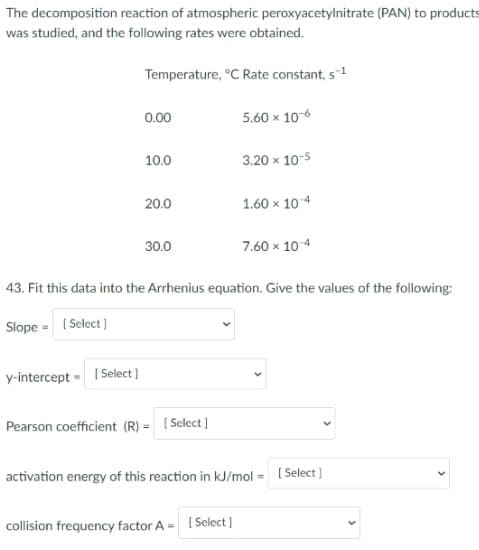 The decomposition reaction of atmospheric peroxyacetylnitrate (PAN) to products
was studied, and the following rates were obtained.
Temperature, °C Rate constant, s1
0.00
5.60 x 10-6
10.0
3.20 x 10-5
20.0
1.60 x 10 4
30.0
7.60 x 10-4
43. Fit this data into the Arrhenius equation. Give the values of the following:
Slope = ( Select )
y-intercept = I Select]
Pearson coefficient (R) = [ Select ]
activation energy of this reaction in kJ/mol = [Select ]
collision frequency factor A = I Select]
