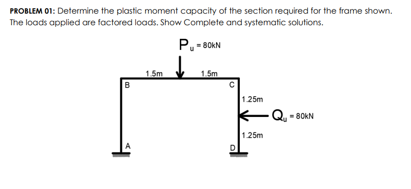 PROBLEM 01: Determine the plastic moment capacity of the section required for the frame shown.
The loads applied are factored loads. Show Complete and systematic solutions.
Pu = 80KN
1.5m
1.5m
1.25m
Qu
= 80KN
1.25m
А
D
