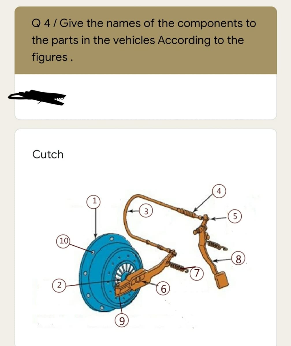 Q 4/ Give the names of the components to
the parts in the vehicles According to the
figures.
Cutch
4
3
(5
10
8)
2
9,
